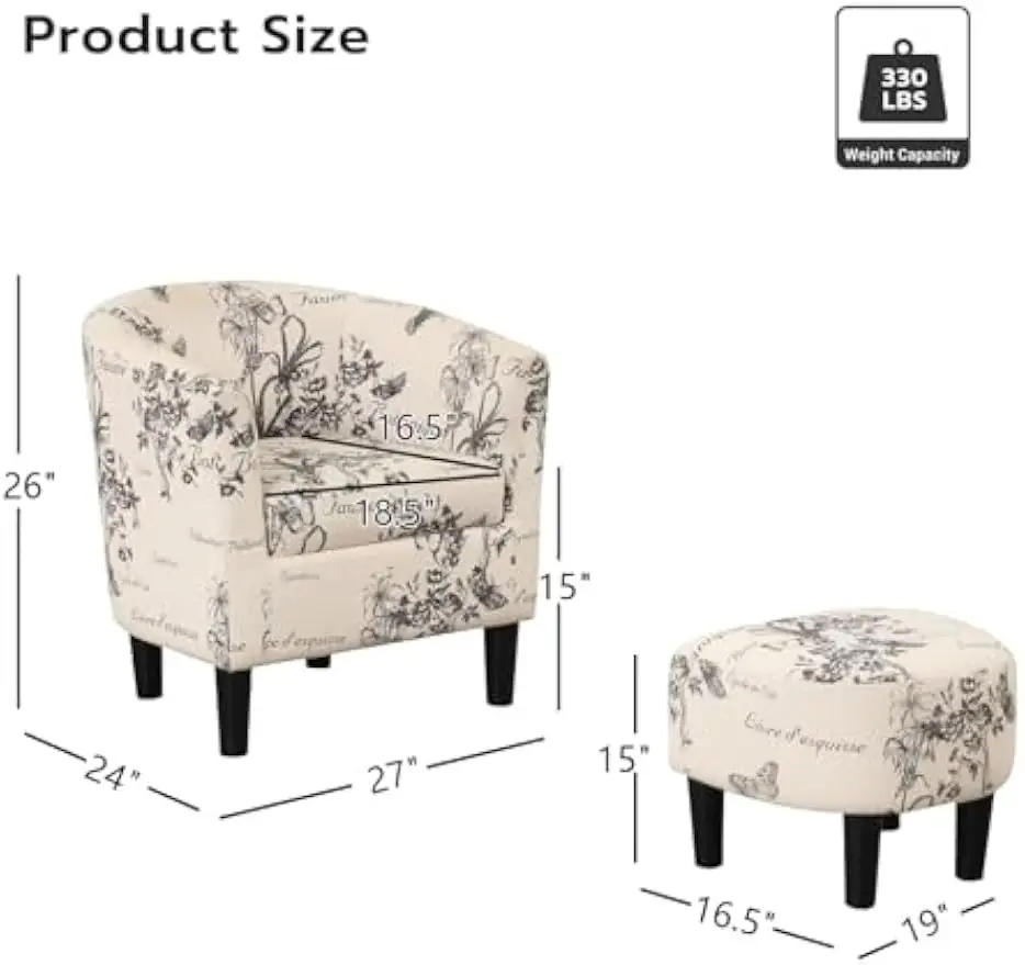 Accent Chair Ottoman Set Small Space Club Fabric Barrel Reading Living Room Bedroom Round Foot Rest Flower Pattern