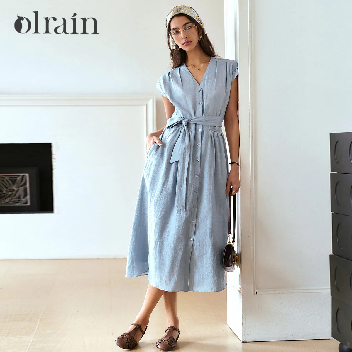 

OLrain Summer Blue Linen Midi Dress Women 2025 French V-neck Fashion Belted Waist Long Shirt Dresses Ladies Clothes O57XL99188