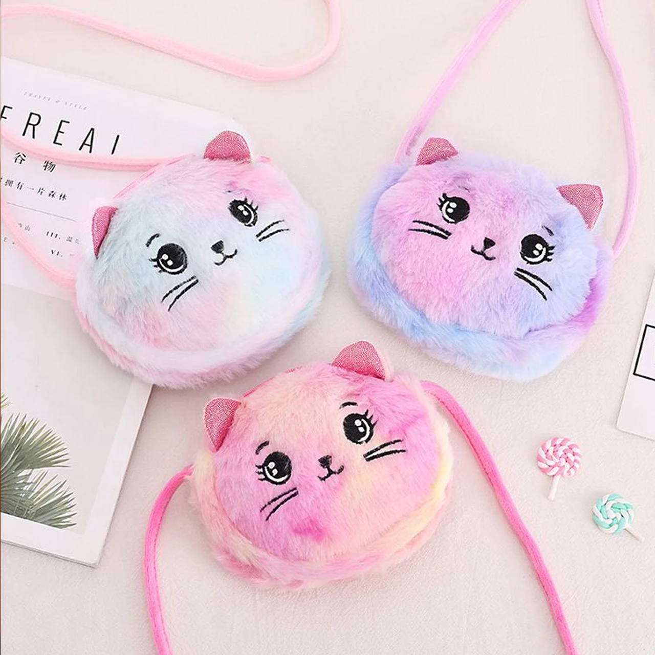 Cute Cat Coin Purse Kids Plush Crossbody Bag Fall Winter Children Shoulder Bags Colorful Tie-dye Fur Handbag Cartoon Girl Wallet