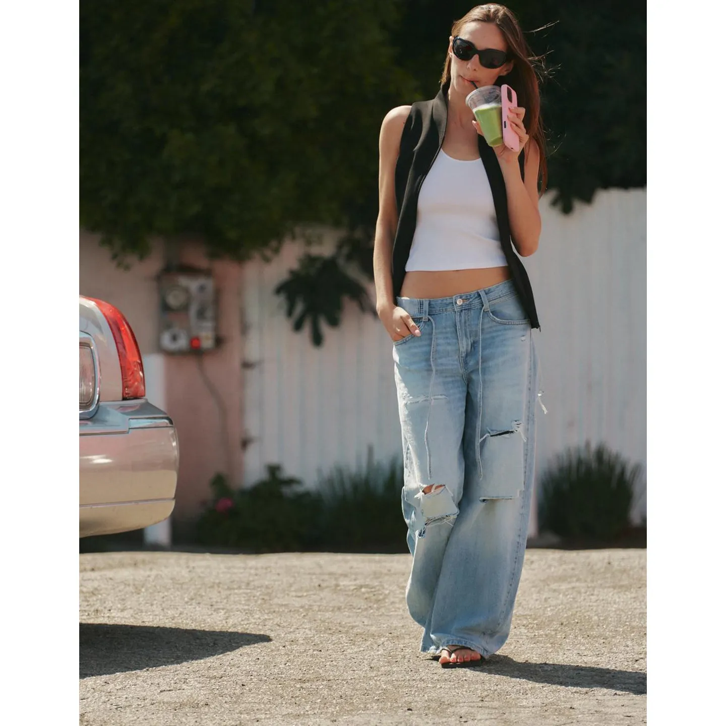 Summer New Women's Slim Fit Vest Hidden Zipper V-Neck Sleeveless Flared Hemline Outerwear Polyester Fiber Regular Length