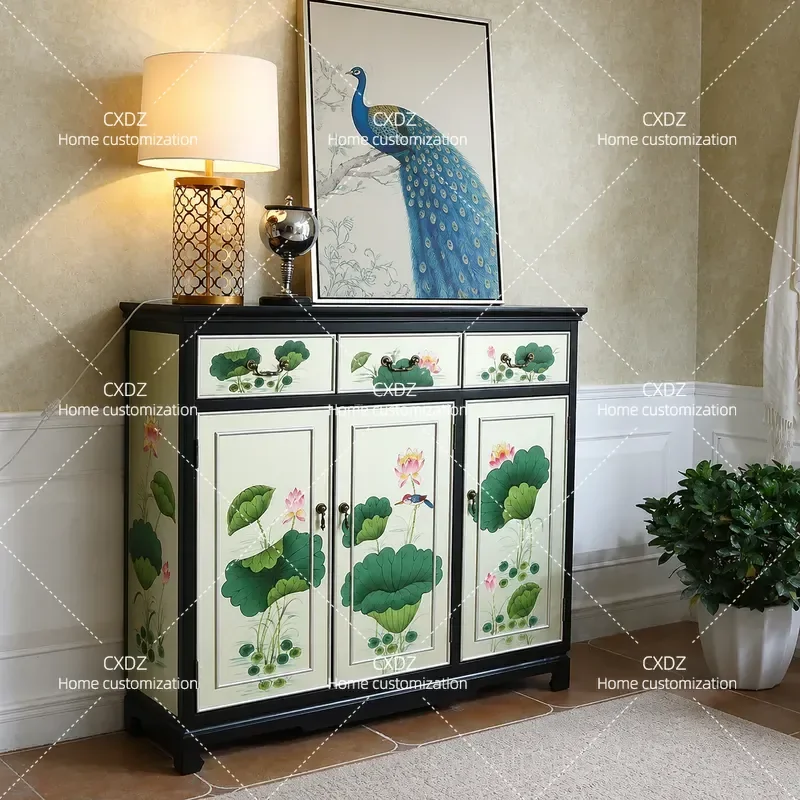 New Chinese Style Solid Wood Shoe Cabinet Painted Lotus Flower Neoclassical Entrance Storage Cabinet Screen Partition Factory