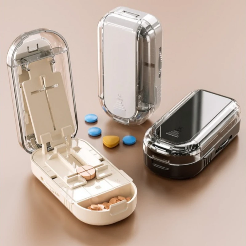 3-in-1 Pillenschneider mit Edelstahlklinge, Aufbewahrung und Zerkleinerer für Präzises Schneiden, Pulvermahlen und Tablettenhalbieren, Medikamenten-Organizer