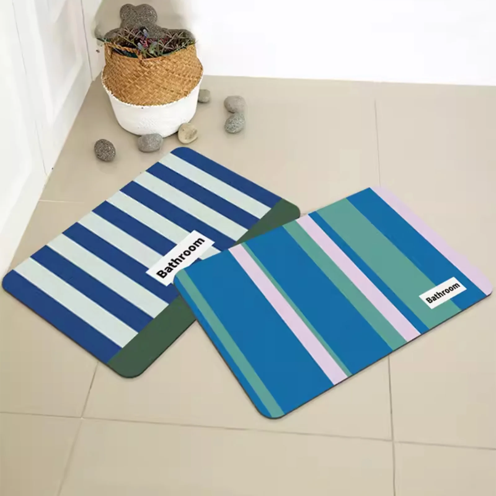 Rubber Bathroom Anti-Slip Floor Mat, Water-Absorbing Quick-Drying Floor Mat, Blue Striped Printed Floor Mat