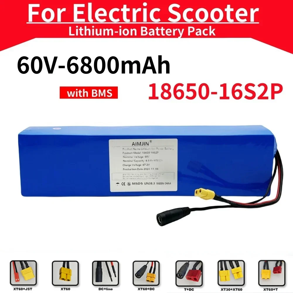 

60V 6800mAh 16S2P E-Bike Battery Pack with BMS 67.2V Charger for Bike Scooter - 18650 Lithium Ion
