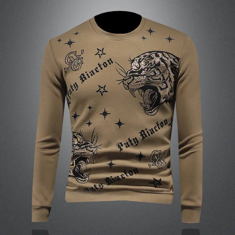 2026 Trendy Rhinestone Tiger Head Casual Hoodie Men's Round Neck Long Sleeved Sweatshirt Sports Running Fitness Social Pullover