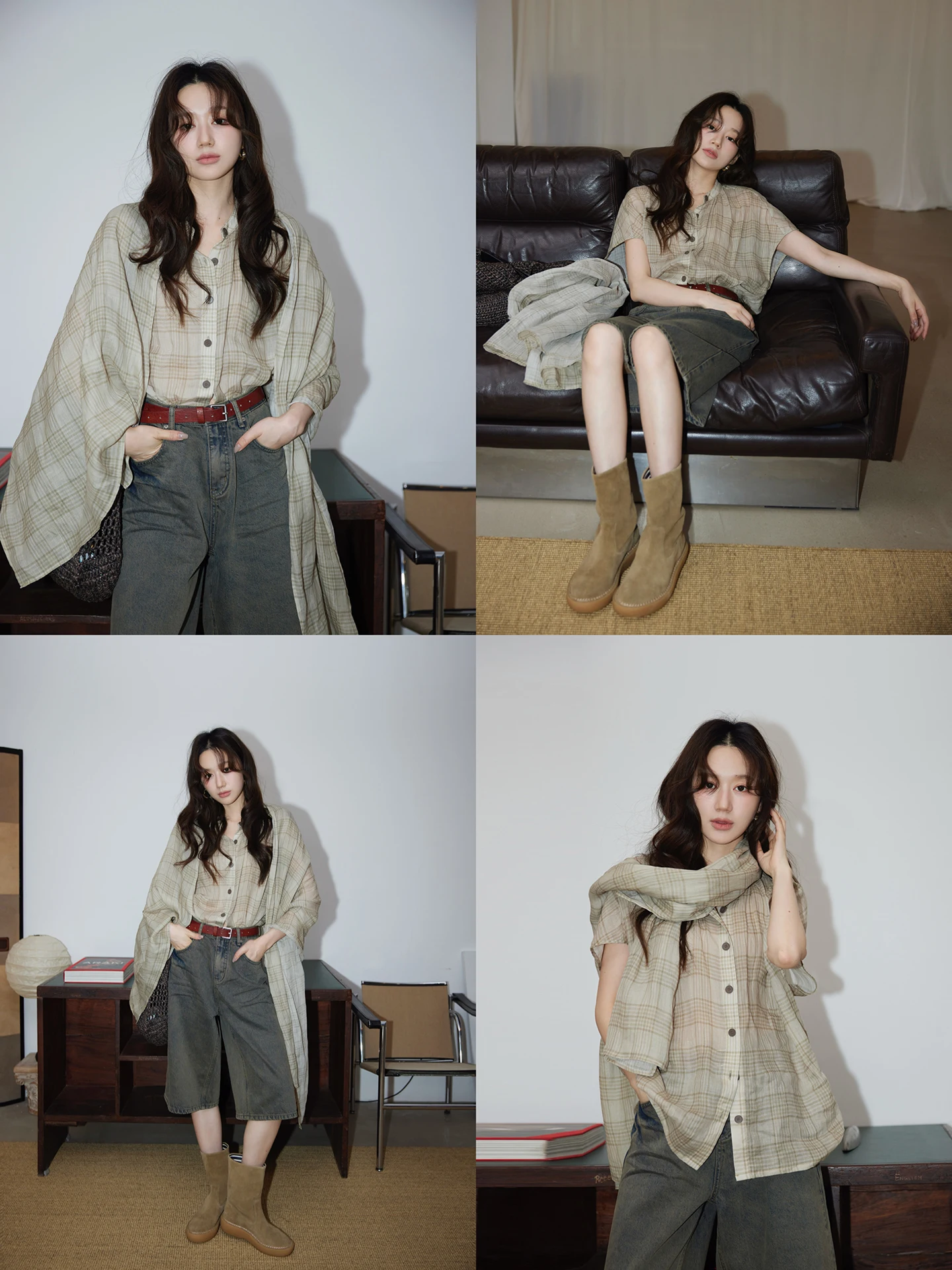 

Женская повседневная рубашка YUM STAR из 100% льна свободного кроя с дышащим комфортным клетчатым дизайном, круглым вырезом и коротким рукавом