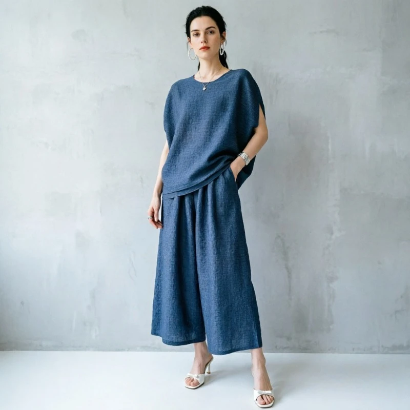 Miyake Original Pleated Pants Set Plisse 2026 Summer New Pleated Top Women Casual Loose T-Shirt Round Neck Special Pleats Design