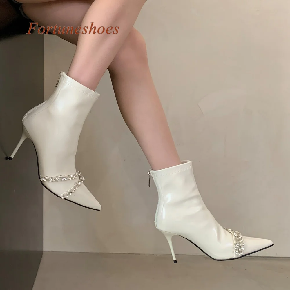 Pointed Toe Rhinestone Boots Mid Calf Fashion 2024 Newest Spring/autumn Boots Back Zipper Solid Stiletto High Heel Women Boots