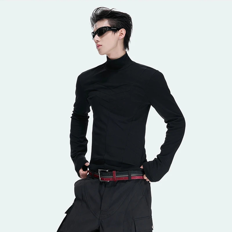 LUZHEN 2026 New Fashion Solid Color Patchwork Design Slim Fit Long Sleeve T-shirt Men's Handsome High Quality Cotton Tops JY8194