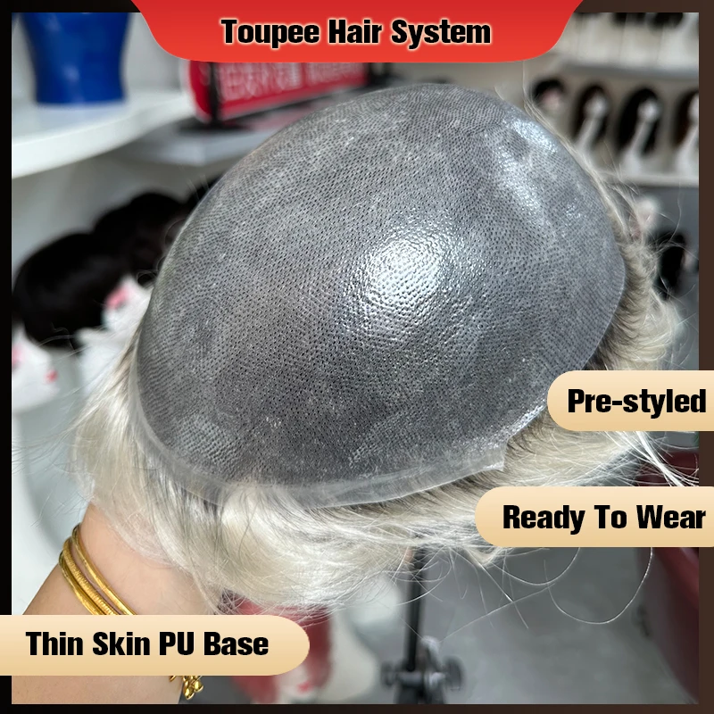 Human Hair Toupee For Men PreStyled Thin Skin PU Basement Hair Piece Hair Replacement Systems Men\'s Wigs Protesis Male Grey Har