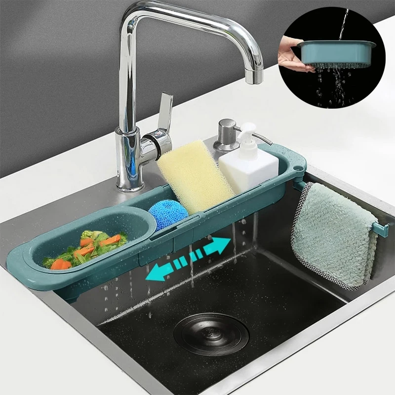 Telescopic Sink Shelf Drainer Rack Kitchen Organizer Soap Sponge Holder Towel Rack Storage Organizer Basket Gadgets Accessories