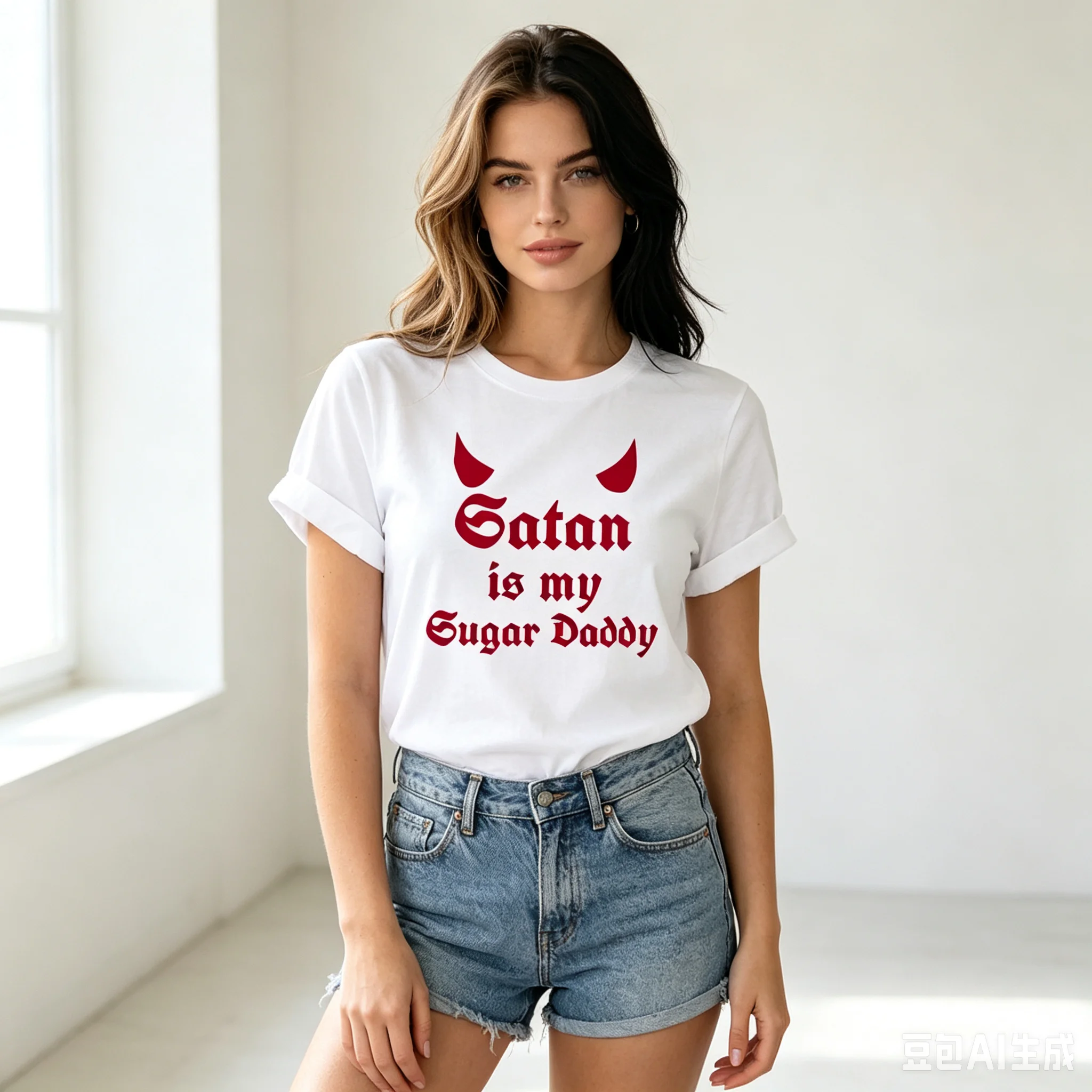 Satan Is My Sugar Daddy Print T Shirt Women Red Devil Horn Gothic Slogan Short Sleeve Dark Humor Streetwear Casual Tee