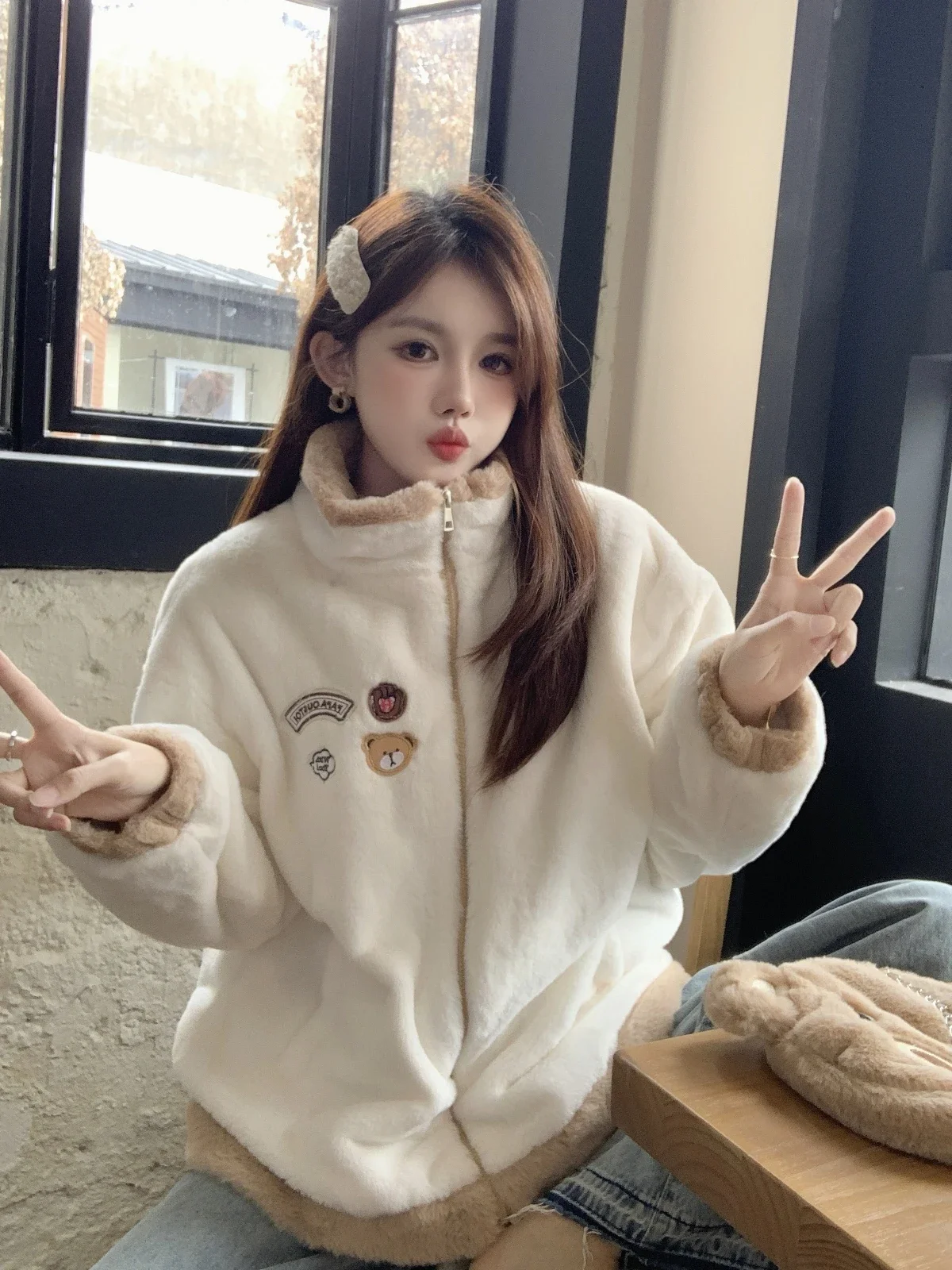 Women Embroidery Plush Thick Warm Lapel Long-sleeved Jackets Autumn and Winter Korean Style Casual Loose Versatile Zipper Coats