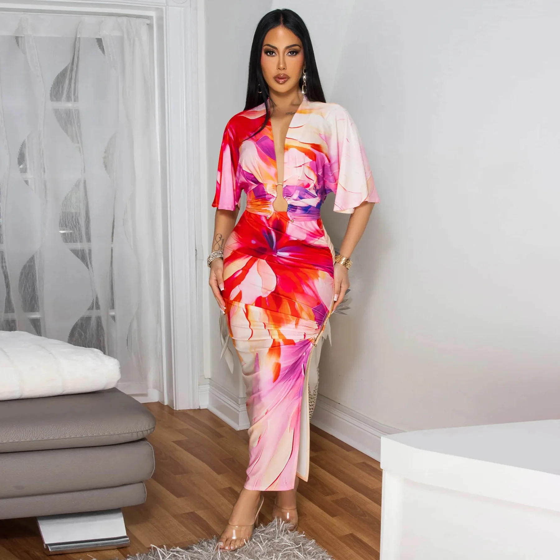 BKLD Women Clothing Summer Fashion Printed Sexy V-Neck Lace-Up Crop Tops Side Split Skirt Sets Two Piece Outfits 2025 New