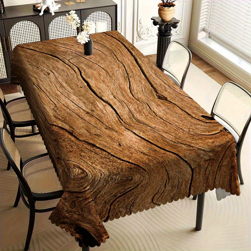 One farmhouse-style wood-grain printed rectangular tablecloth - durable polyester fabric.PMJ