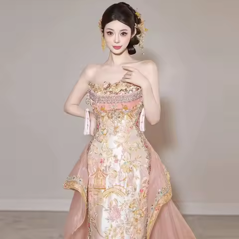 New Chinese Style Engagement Dress New Pink Heavy Craft Toast Dress Niche Light Luxury Banquet Evening Dress Gown
