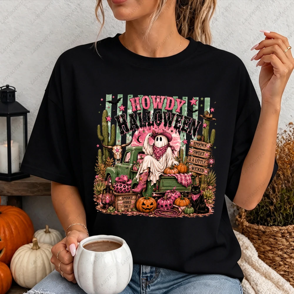 Howdy Halloween Cowgirl Ghost Graphic T Shirt Women Spooky Country Print Short Sleeve Cotton Tee Fashion Casual Holiday Apparel