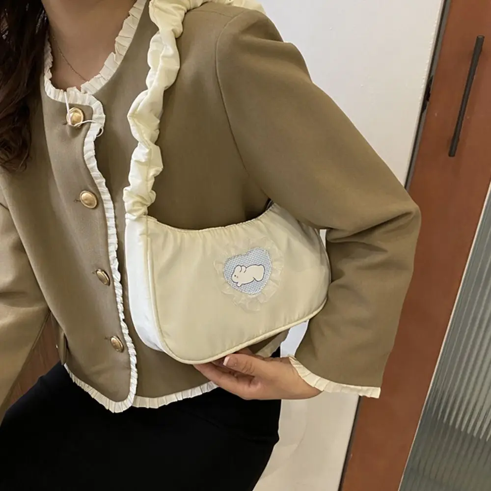 Bolso de hombro con correa plisada de estilo coreano para niñas, bolso de mano de gran capacidad, Color sólido, amor de encaje, conejo