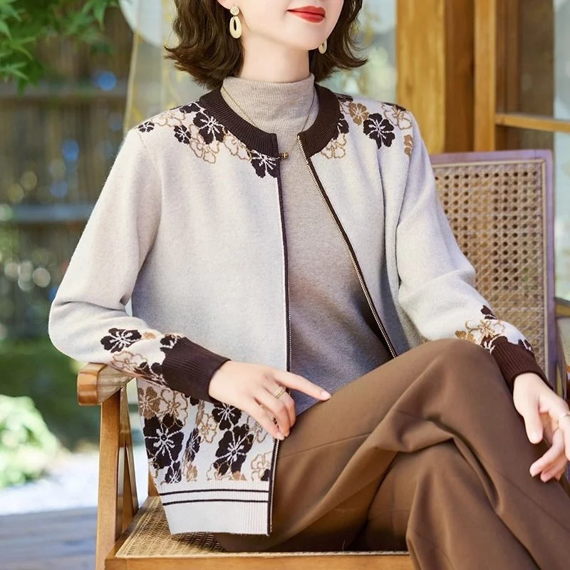 

Fashion Vintage Cardigan Jersey For Women Zipper Knitwear Woolen Sweater Jacket Spring Autumn Middle Aged Mother Jumper Coat