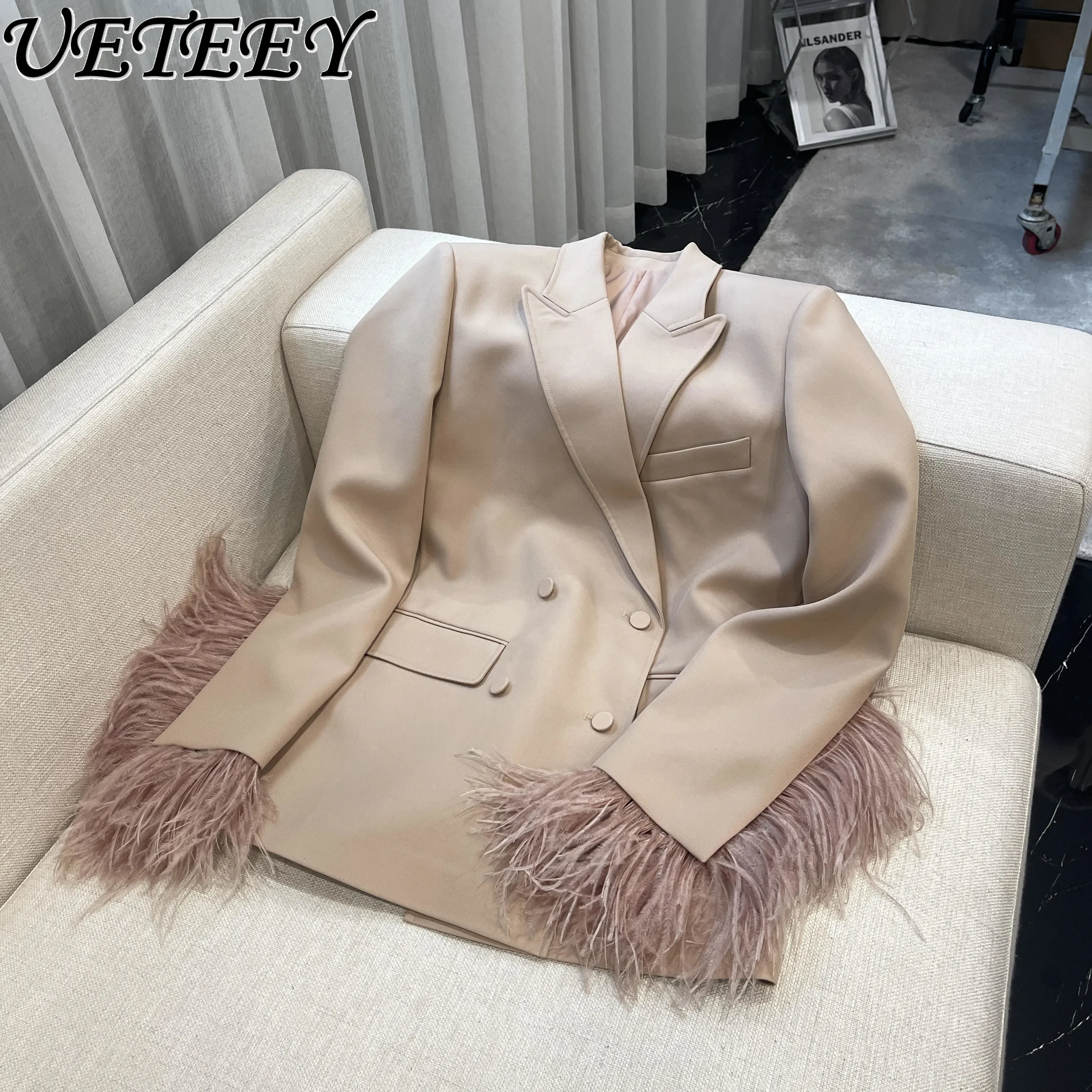 Elegant Ostrich Furry Suit Jacket Women\'s Spring Korean-Style Casual All-Match High-Grade Long Sleeve Suit Fashionable Coat