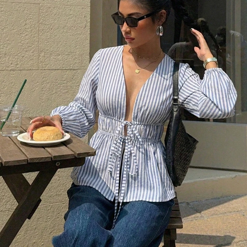 

Women's Spring Summer New Shirt Romantic Holiday Striped Bow-Pattern Puff Sleeve Tie-Front Blouse Casual Wear
