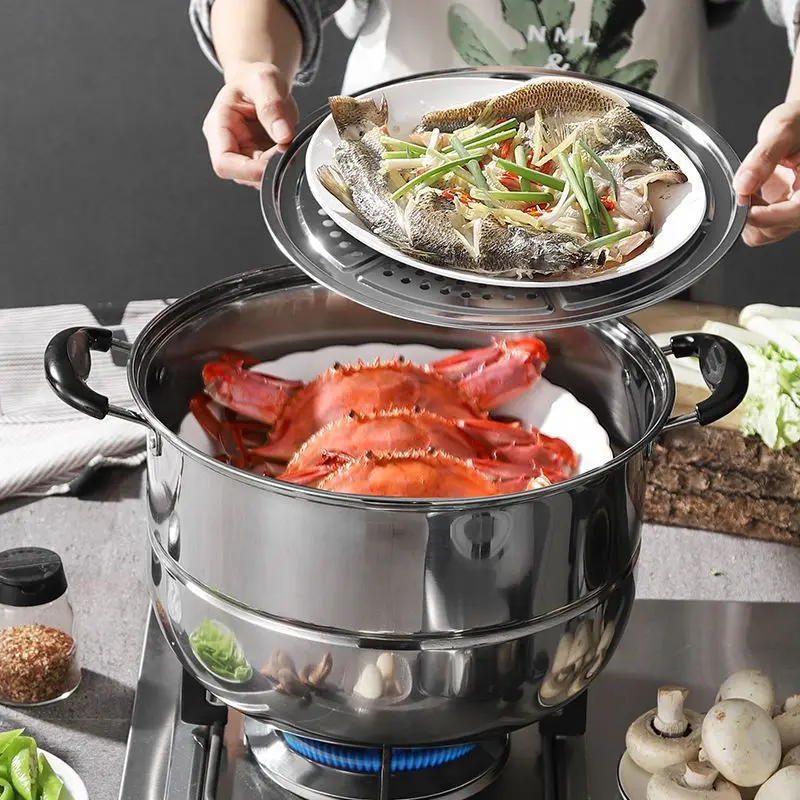 Extra Thick Stainless Steel Double Layer Steamer Pot Large Capacity Induction Compatible Gas Stove Multi Layer Large Capacity