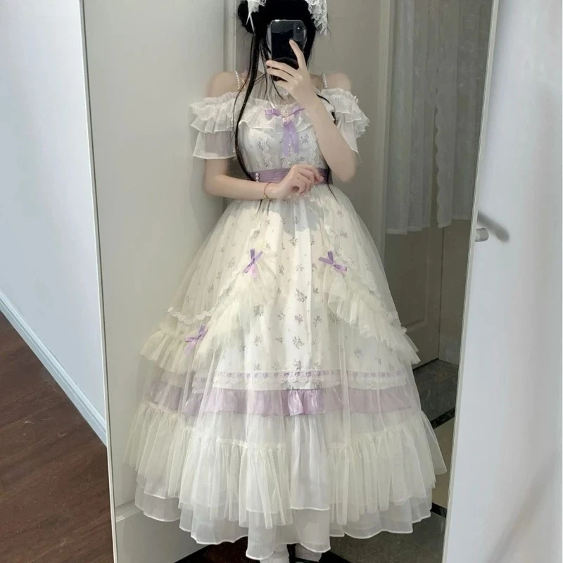 Japanese Elegant princess Party Dress Women sweet bow Ruffles Off Shoulder floral long Dresses Victorian Vintage Lolita OP Dress