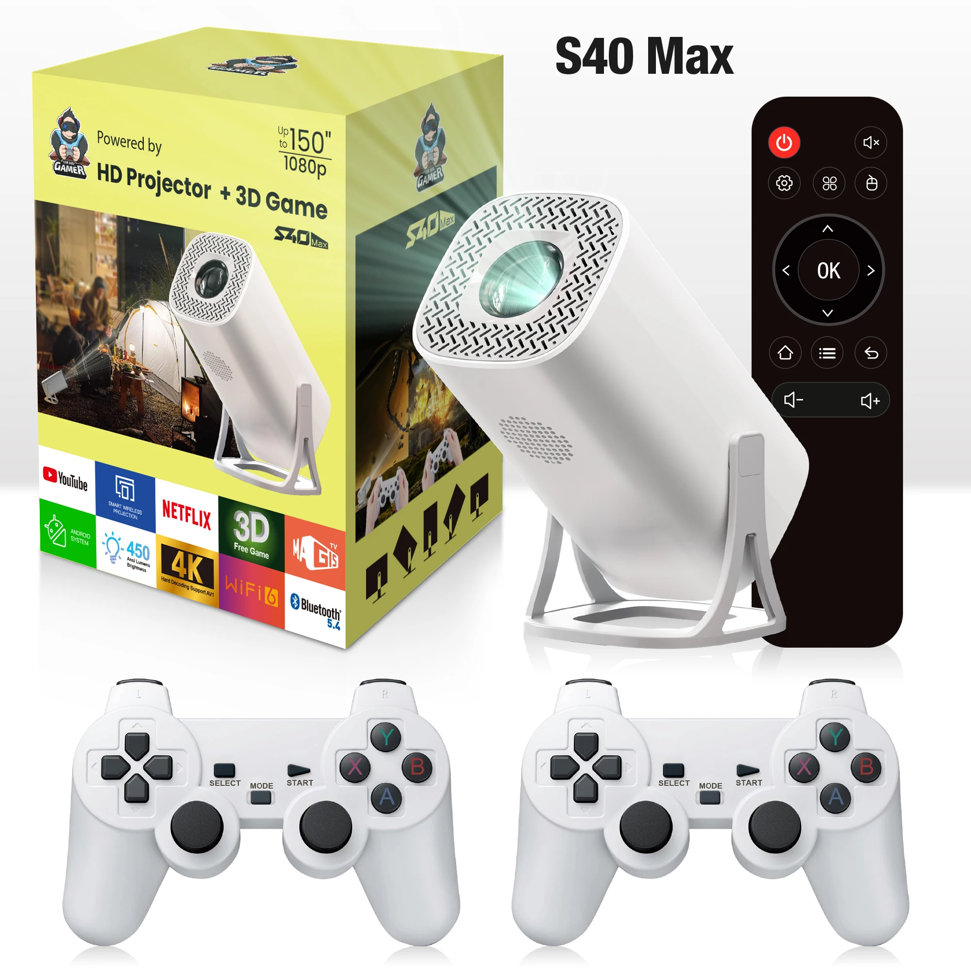 Salange S40 MAX Projector Supported 720P Outdoor Beamer Android 11.0 OS Video Game Console 3000 Games With 2 Wireless Gamepads