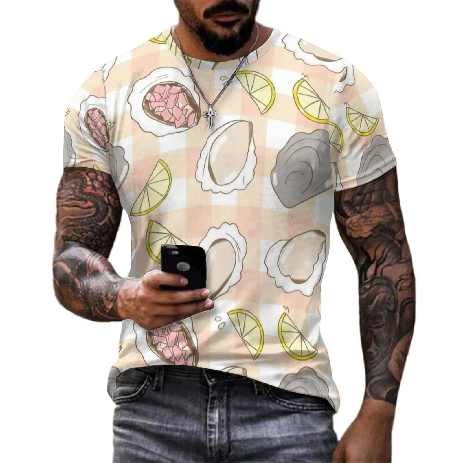 Oysters With Splash Of Lemon Orange T-Shirt  Y2K Casual T Shirts O Neck Popular Tshirt Summer Male Design Clothing Large Size