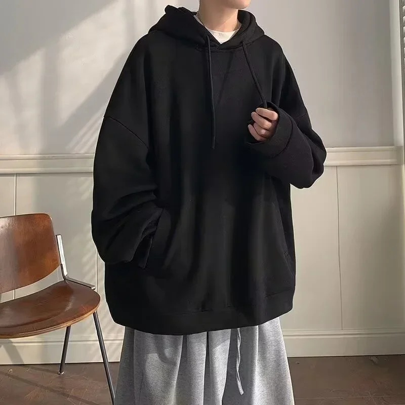 

Autumn Solid Color Simple Hooded Sweatshirts For Men Casual Loose Cotton Pullover Hoodies Y2K Vintage Streetwear Base Hoodie