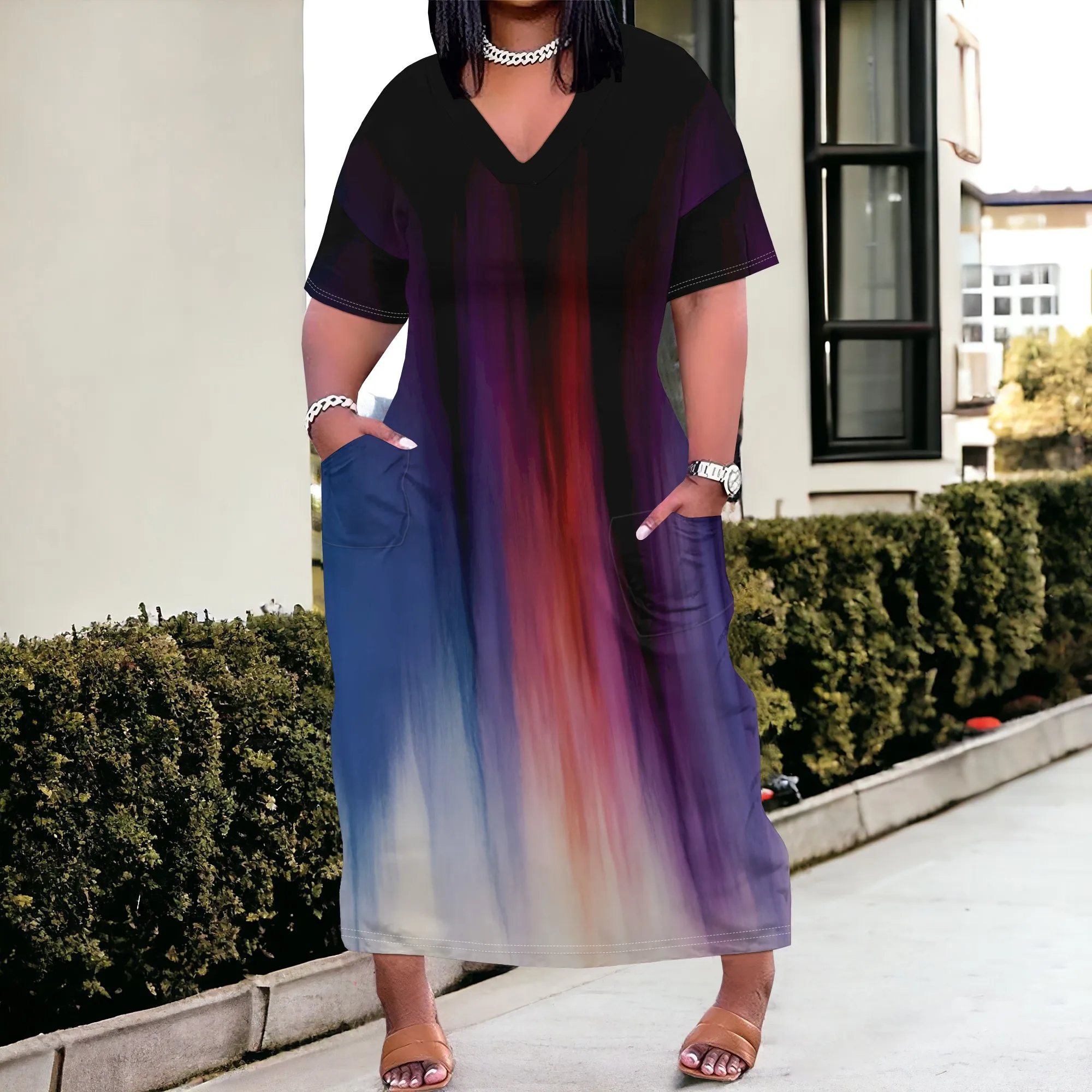 

Plus Size Gradient Maxi Dress XL-6XL V-Neck T-Shirt Dress with Pockets for Summer Lounge or Vacation Look