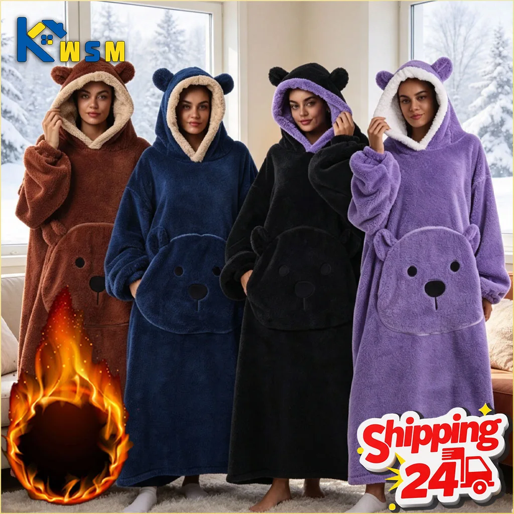 Long Sleeves Extended Length Thick Warm Hooded Wearable Blanket with Bear Pocket for Couple Outdoor Home Cold Weather Protection