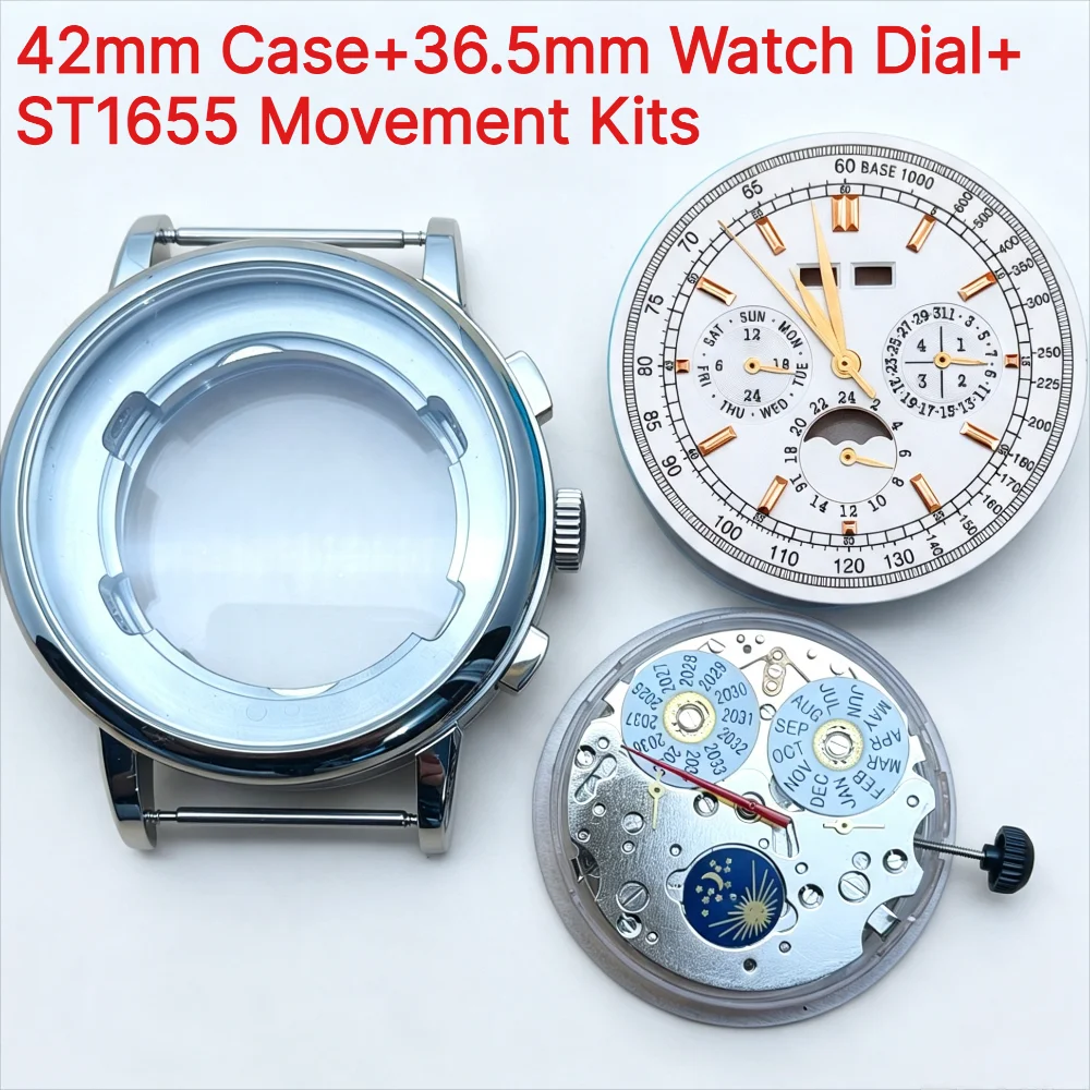 42mm Case+36.5mm Watch Dial Hands+ST1655 Movement Sets for ST1655 Chronograph Perpetual Calendar Movement Sapphire Crystal Case
