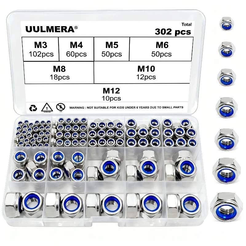 302pcs Metric Nylon Insert Lock Nuts Assortment Kit, 304 Stainless Steel Nylock Nut Set, M3 M4 M5 M6 M8 M10 M12 Hex Locknut