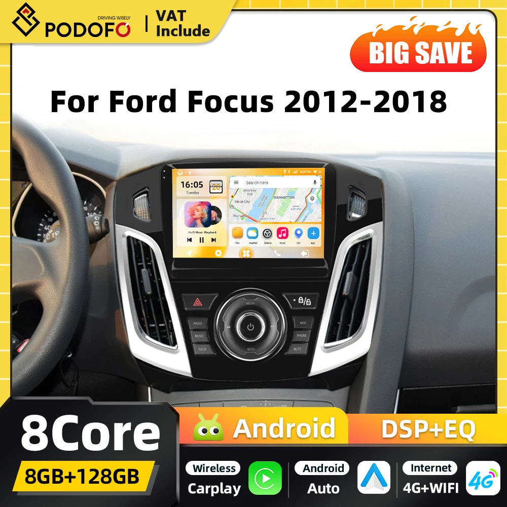 Podofo 8+128G 2din Android Autoradio Multimedia-Player für Ford Focus 2012-2018 Carplay Autoradio GPS-Navigation Android Auto WIFI DSP FM-Empfänger RDS