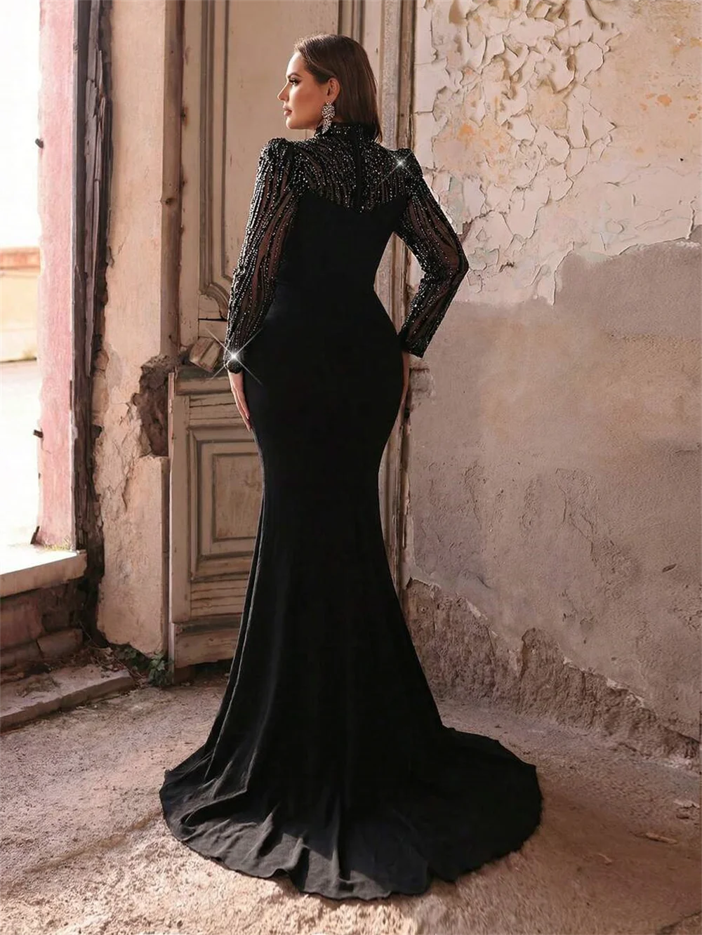 Customized Black Formal Dress Mermaid Silhouette Beaded Sheer Long Sleeves Chest Ruched Waist High Slit Prom Evening Gown