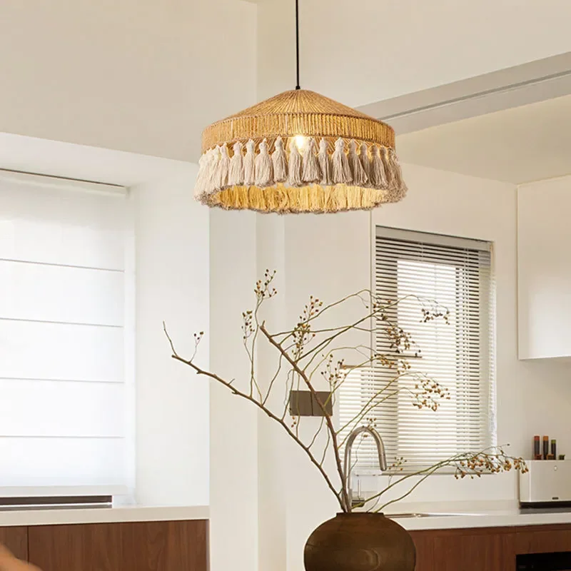 Wabi-sabi Style Sandy Wind Woven Lamp for B&B Bedroom Dining Room Retro Hemp Rope Fringed Simple Creative Living Room