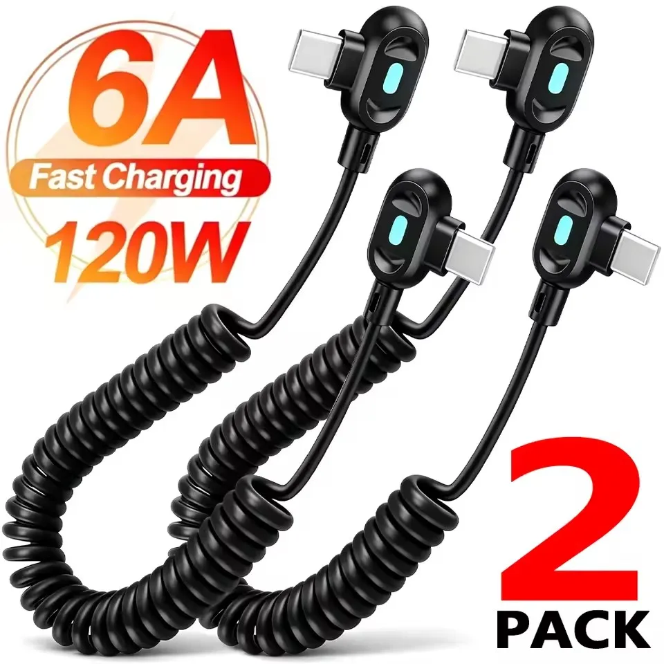Retractable USB C To Type-C Cables 6A 120W Super Fast Charging Car Cord Portable Right Angle Type C Data Line for IPhone Samsung