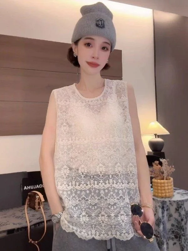 

Korean Sle Loose Lace Hem Hollow out Svel Top Women's Faion Casual Breathable High Waist Vest Spring Summer
