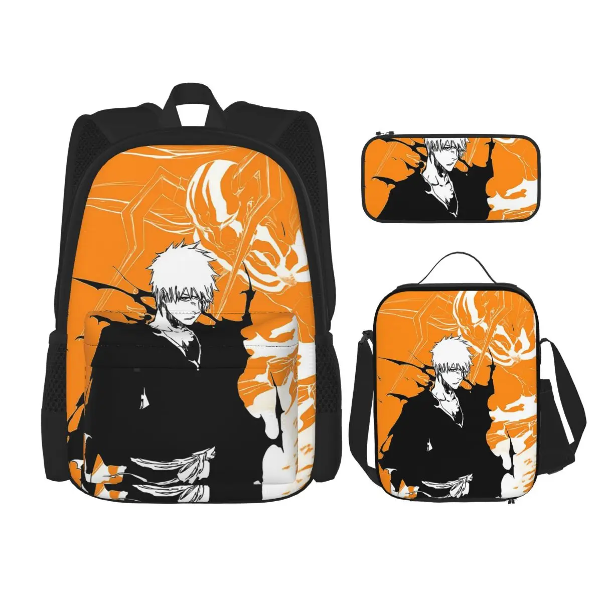 Orange Ichigo Kurosaki Anime Bleach Backpacks Boys Girls Bookbag School Bags Rucksack Lunch Bag Pen Bag Three-Piece Set