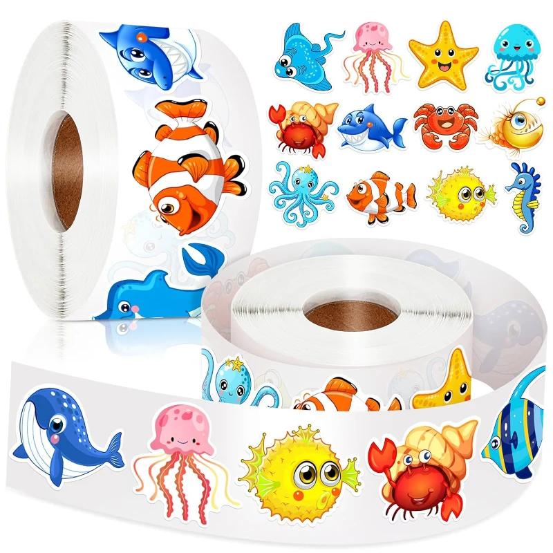 Catoon Ocean Animal Stickers Roll 8-16 Styles Fish Crab Shark Octopus Sea Creature Labels For Kids School Reward Stickers Gifts