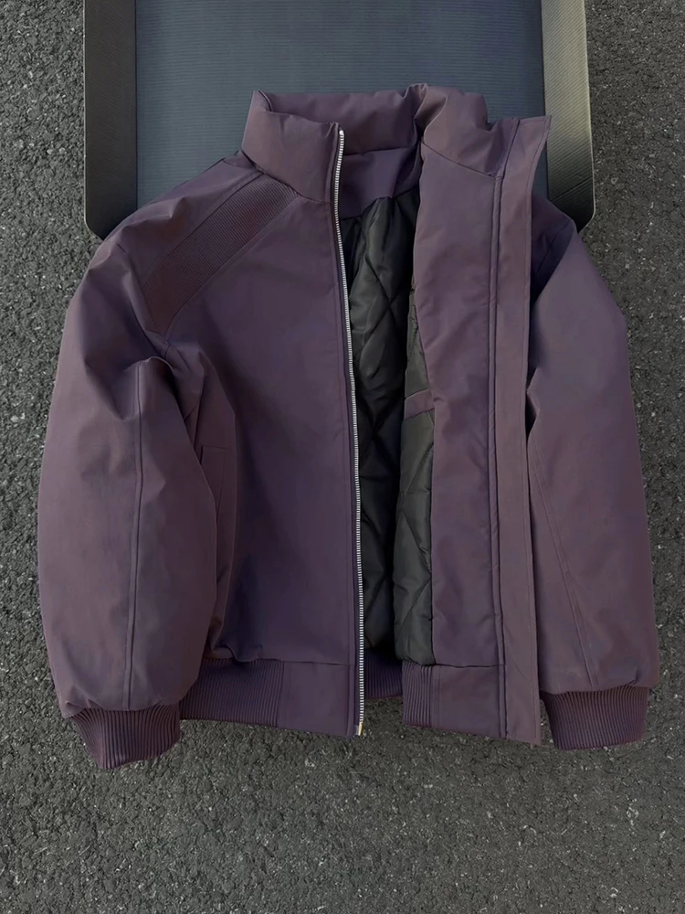 

Men's Purple Plaid Cotton Work Jacket Winter Warm Stand Collar Baseball Style Bomber Coat Thickened Long Sleeve Polyester Fiber