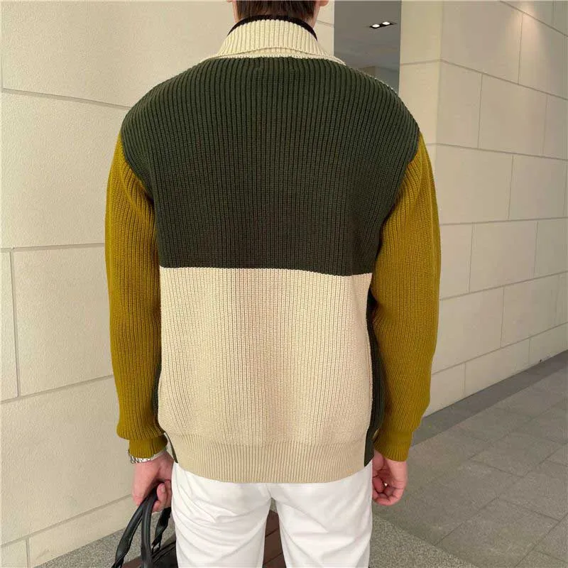 Fashion Lapel Button Pockets Spliced Casual Color Cardigan Sweaters Men\'s Clothing 2024 Spring New Loose Knitted All-match Tops