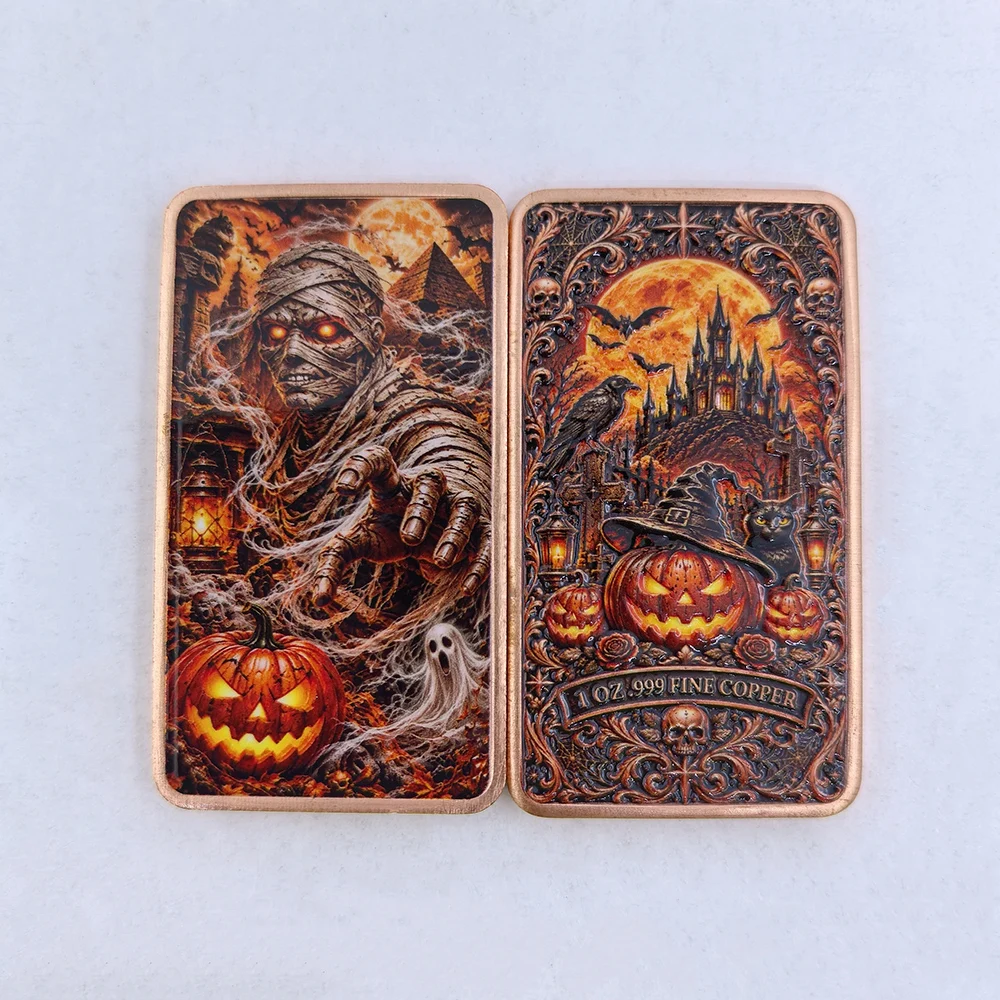 1 OZ .999 Fine Copper Halloween Theme Commemorative Bar Pumpkin Ghost Werewolf Mummy Colorful Metal Collectible Holiday Gift