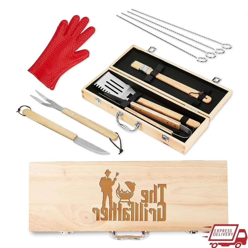 

11 Piece BBQ Grill Set Stainless Steel Tools Engraved Wood Box Ideal Gift Dads Fathers Day Birthday Outdoor Cooking