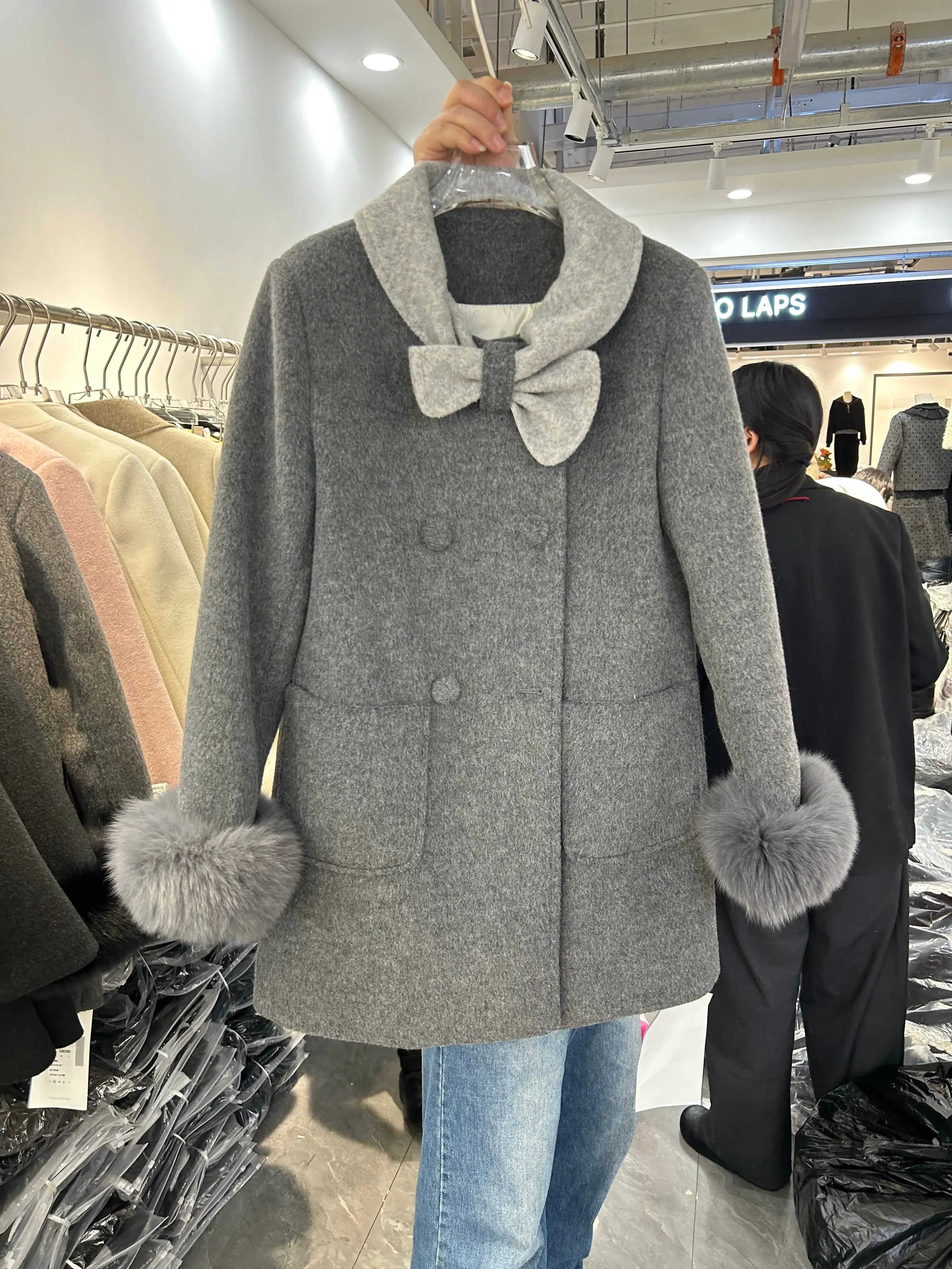 Female 2024 Autumn Winter Blends Socialite Double-breasted Sleeves Straight Coat Bow Collar Fashion Down Liner Medium Long Coats