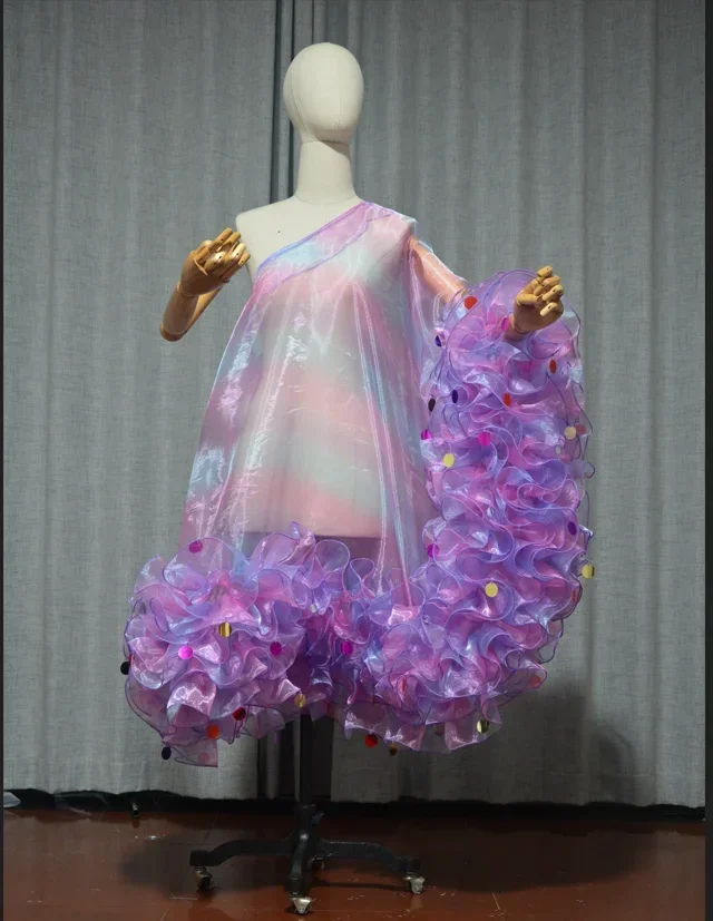 Sequin decoration Rainbow organza Ruffle Edge Short Robe Fashion Stage Party Wedding Bride Mini Shoulder Sleeves  Short Skirt