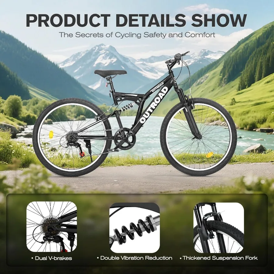 دراجة جبلية مزدوجة التعليق الكامل مقاس 26 بوصة و7 سرعات للرجال والنساء البالغين مع فرامل مزدوجة على شكل حرف V مثالية للمطارات على الطرق الوعرة والحضرية