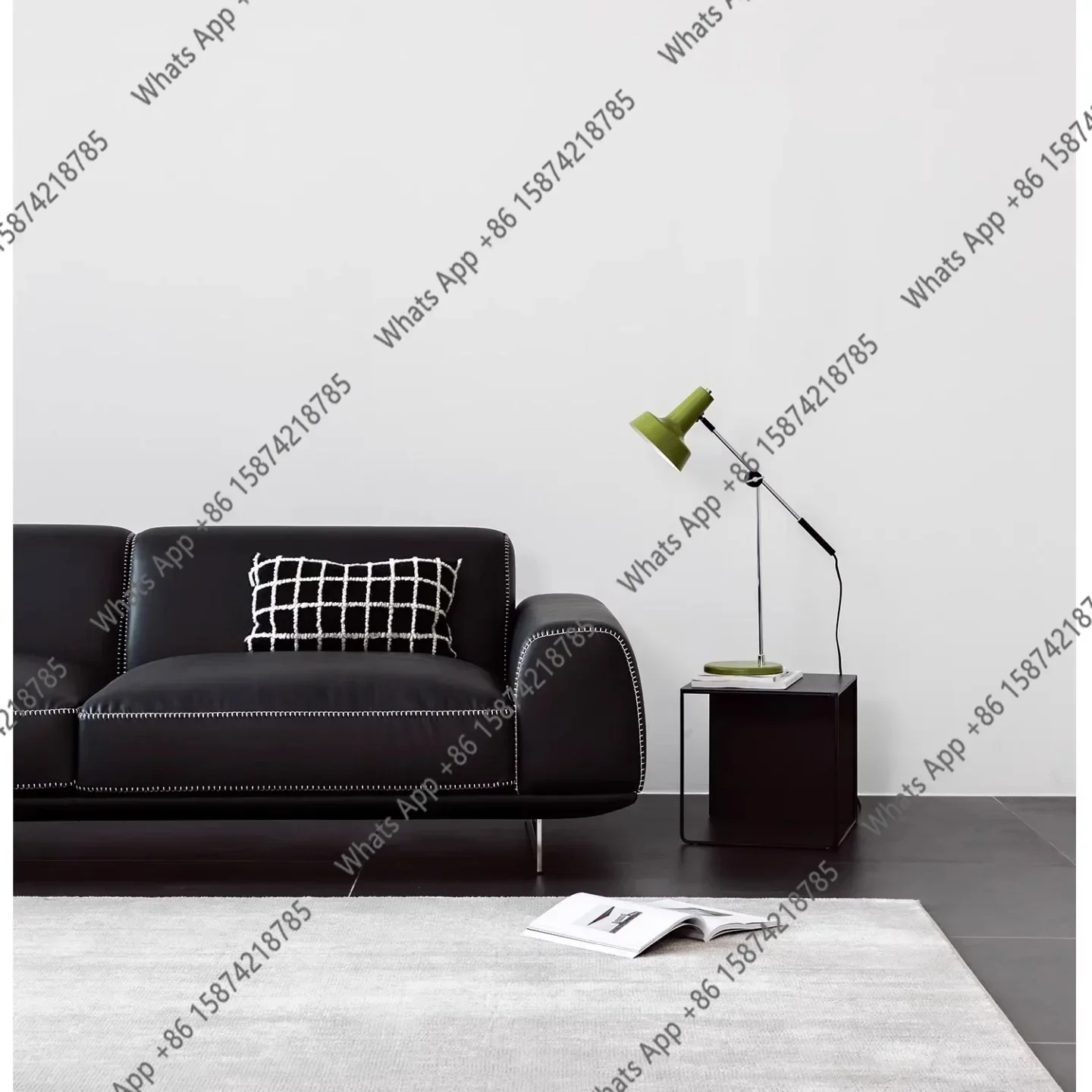 N40 Italian Minimalist Light Luxury Black Leather Bauhaus Curve Sewing Three-person Small Apartment Living Room Sofa