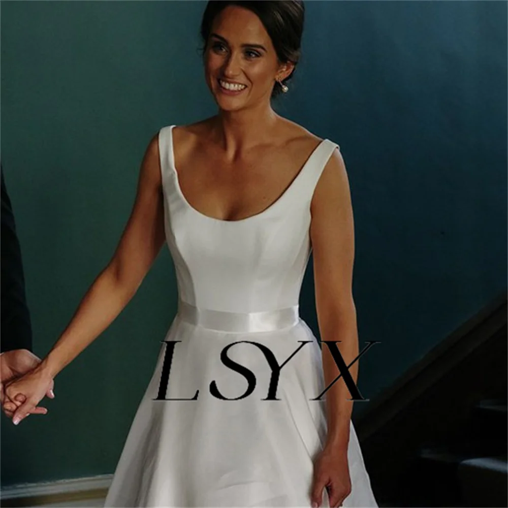 LSYX-Robe de mariée en fibre d'organza pour femme, col rond, nœud en pansement, fermeture éclair au dos, ligne A, longueur au sol, robe de patient, sur mesure